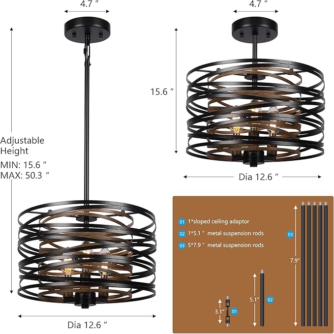 12.6'' Farmhouse Chandeliers for Dining Room, 3-Light Industrial Metal Hanging Light Fixture, Rustic Drum Pendant Light for Entryway Kitchen Foyer Bedroom, Black with Retro Wood Texture Interior