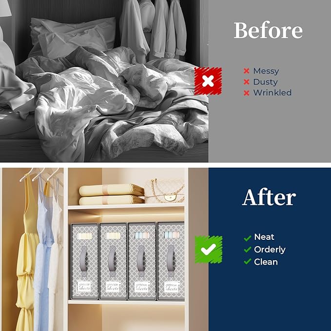 Yecaye 6 Pack Bed Sheet Organizers and Storage (King & Queen Size), Foldable Sheet Set Organizer With Clear Window and Label, Bedding Storage Box Container for Blanket, Duvet Cover, Bed Sheet