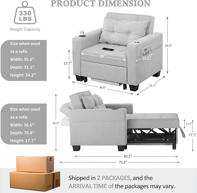 DURASPACE Pull Out Sofa Bed 3-in-1 Convertible Sofa Sleeper Chair Bed with USB, Cup Holder, Adjustable Armchair Beds for Small Spaces, Apartment, Living Room, Office (Light Gray Linen)