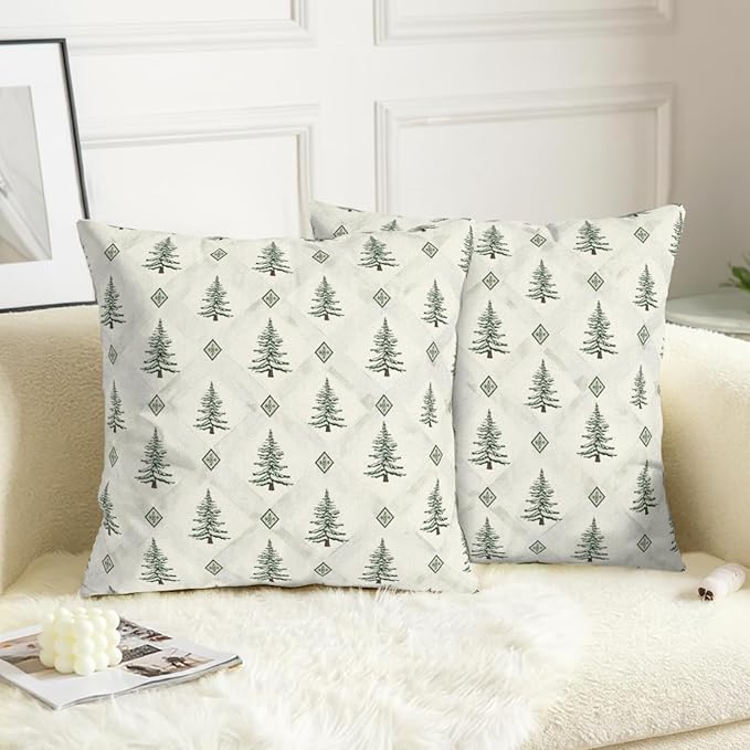 Green White Christmas Tree Pillow Covers 18x18 Set of 2 Xmas Boho Farmhouse Vintage Rustic Print Pillow Case Winter Decorative Outdoor Cushion Case for Home Couch Patio