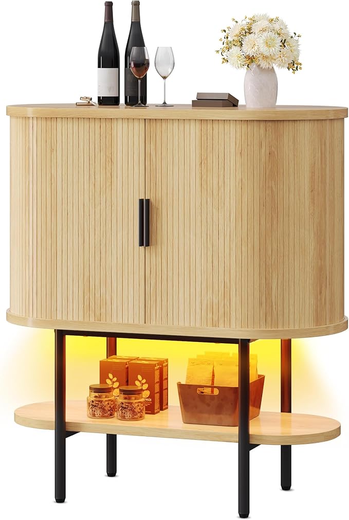 YITAHOME Sideboard Buffet Cabinet with LED Light, Fluted Storage Cabient with Sliding Door, Wine Rack and Glass Holders, Home Coffee Bar Cabinet with Storage for Kitchen, Living Room, Natural Oak