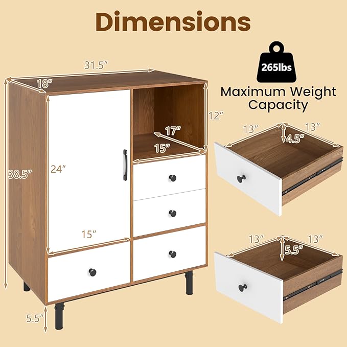 Giantex Storage Cabinet with 4 Drawers, Door and Open Compartment, 18" x 31.5" x 38.5" Inches, Metal Support Legs, Freestanding Side Cabinet, Buffet Sideboard for Living Room, Dining Room, Entryway