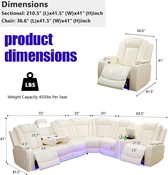 A Ainehome Living Room Furniture Reclining Sectional Sofa Set, Power Recliner Adjustable Sofa, Loveseat and Chair with USB Chargers/Storage Console for Living Room/Office/Home Theather(B-Off-White)