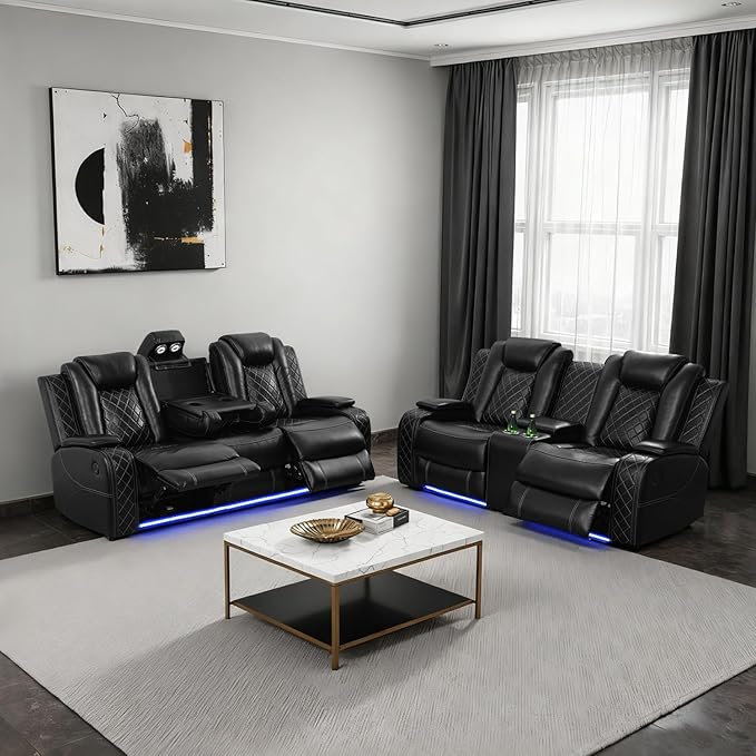 Power Leather Recliner Sofa Set with LED Light,Reclining Sofa and Loveseat Set with USB Port/Cup Holder/Storage,Luxury Leather Couch for Living Room/Home Theater(3+2 Seats,Black)