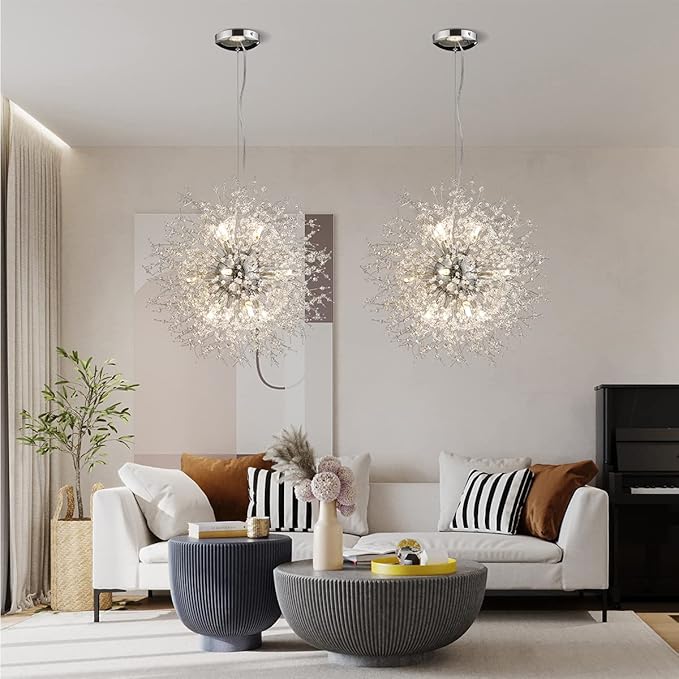 Modern Crystal Chandeliers Firework, 12-Light Chrome Stainless Steel Sputnik Chandelier, 21.6" Dandelion Pendant Ceiling Light Fixture for Bedroom Dining Room