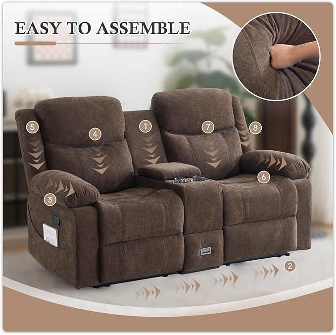 Loveseat Recliner Sofa, Manual Recliner Loveseat with Console, Modern Chenille Sofa Sleeper Deep Couches with Cup Holders and Side Pocket for Living Room/Office/Apartment (Brown) | Heating and Massage, Hidden Drawer