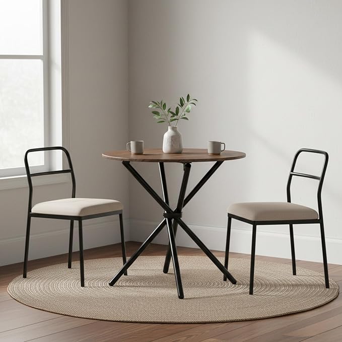 FurnitureR 31.5-Inch Round Dining Table for 2-4 People, Wooden Kitchen Table with Intersecting Pedestal Base and Metal Legs, Multifunctional for Café, Restaurant, and Home Dining, Brown