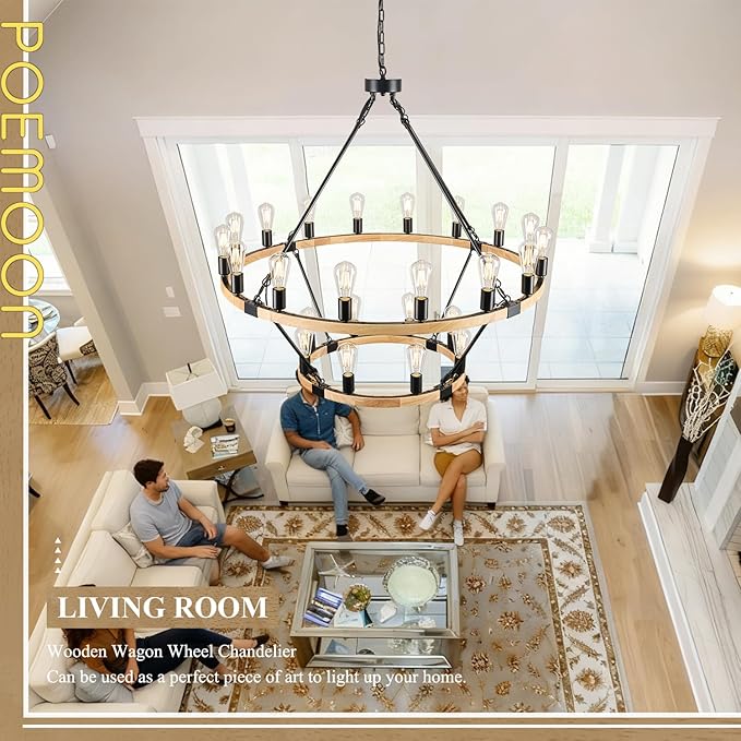 24-Light 2 Tiers Farmhouse Wooden Wagon Wheel Chandelier, 43.3'' Black Metal Round Chandeliers 2-Story Natural Rustic Light Fixtures for High Ceiling Living Dining Room Foyer Villa