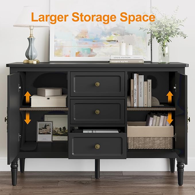 RoyalCraft Buffet Cabinet with 3 Drawers & 2 Doors, Vintage Sideboard with Storage, Mid Century Modern Painted Coffee Bar Table for Entryway, Living Room, Dining Room, Black