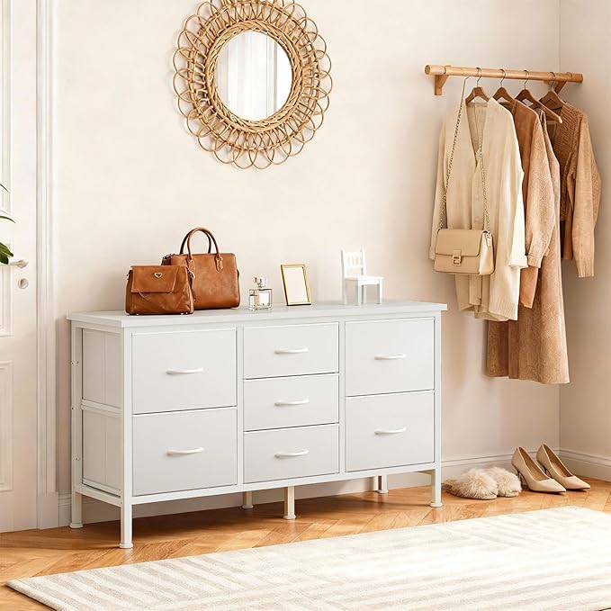 DUMOS TV Stand 7 Drawer Dresser for Bedroom with Storage TV Stands for Living Room White, Farmhouse Entertainment Center Media Console Table with Metal Frame Adjustable Feet