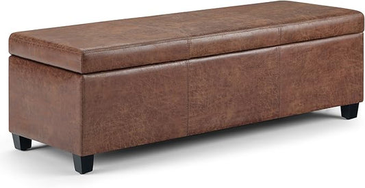SIMPLIHOME Avalon Storage Ottoman Bench - 48 inch Wide Upholstered Vegan Leather Rectangular Lift-Top Ottoman in Distressed Umber Brown, Contemporary Bench for Living Room with High-Density Foam
