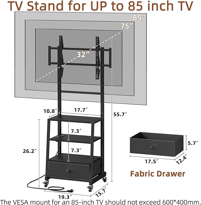 Rolling TV Stand with Wheels and Mount & Fabric Drawer for 32-75" TV - Entertainment Center with Power Outlet and Small TV Stand for Bedroom, Living Room - 18" Black (VESA 600mm × 400mm)