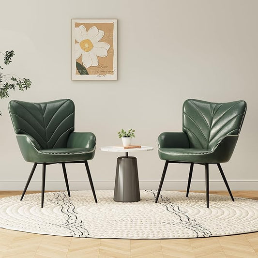 Mid-Century Modern Green Faux Leather Accent Chair, Upholstered Armchair for Living Room/Bedroom/Reading Corner, Curved Back & Padded Arms, High-Density Cushion, Metal Legs,Set of 2
