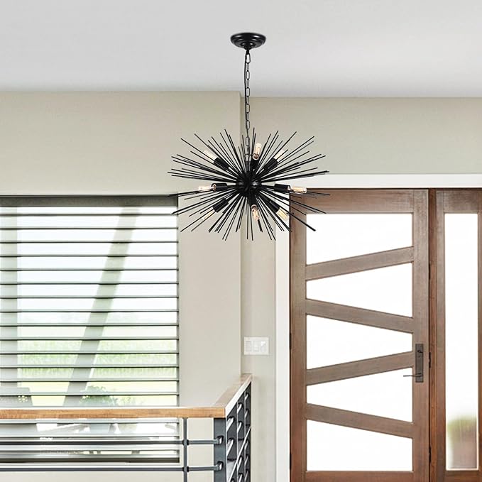 24in Black Sputnik Chandelier Light Fixture Over Table Modern 9-Lights Starburst Chandelier Solid Metal Satellite Sputnik Light Fixture for Dining Room, Kitchen Island, Bedroom,Foyer,Entryway