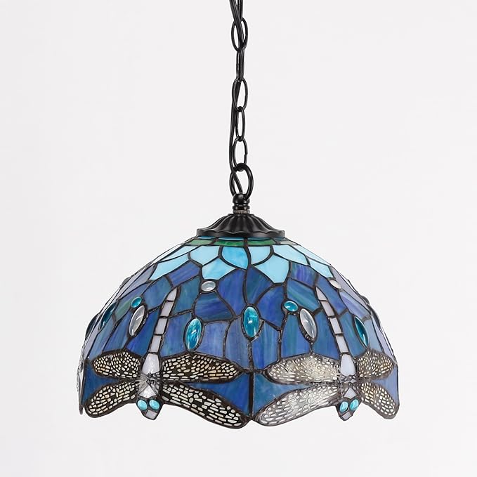 Tiffany Pendant Light Plug in Stained Glass Hanging Lamp Wide 12 Inch, Chain 33 Inch, Cord 15 Feet -Sea Blue Dragonfly