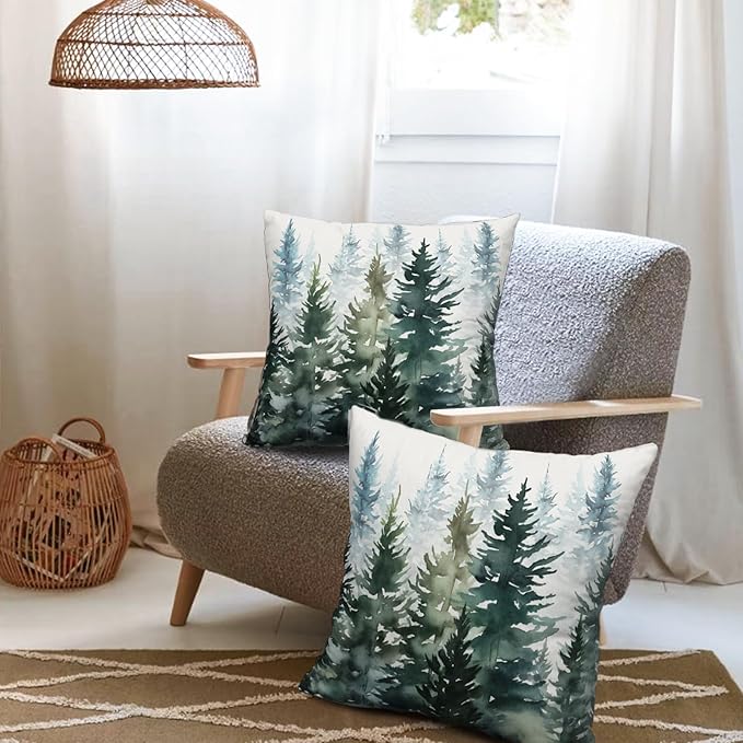 Watercolor Green Tree 24x24 Pillow Covers Set of 2 Nature Themed Christmas Decorative Pillow Cases Rustic Forest Pillow Protector Winter Farmhouse Square Cushion Cases for Home Couch Sofa