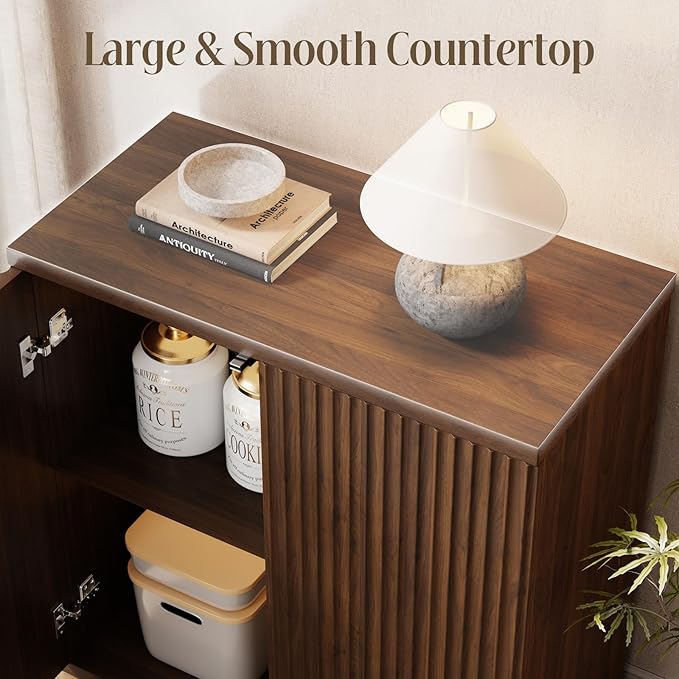 Fluted Buffet Cabinet Sideboard with Storage, Wooden Credenza with 2 Doors & Adjustable Shelf, Modern Fluted Accent Cabinet Coffee Bar for Living Room, Kitchen, Dining Room, Entryway, 15″ Deep, Brown