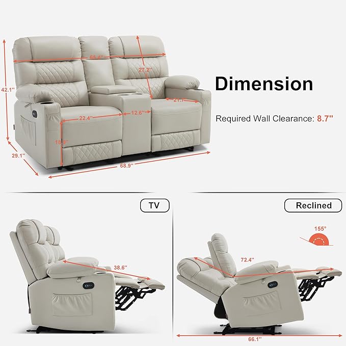 MCombo Zero Gravity Power Loveseat Recliner with Console, Heat and Vibration Massage, Reclining Loveseat Sofa with USB Ports, Cup Holders for Living Room, Faux Leather PR622Sets (Light Grey)