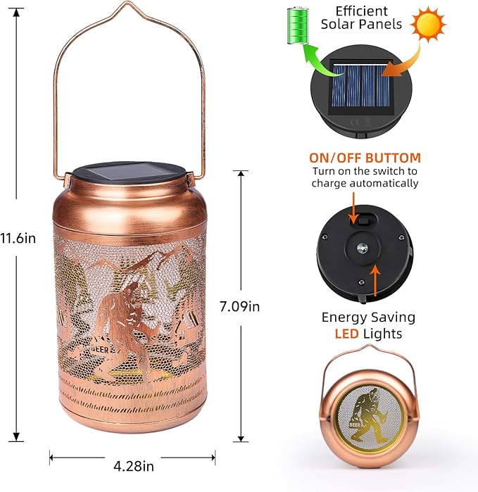 2Pack Solar Lanterns Outdoor Waterproof Hanging Bigfoot Solar Lights Big Foot Sasquatch Gifts for Women Mom Grandma Metal Decorative LED Light for Garden Decor, Yard, Patio, Lawn, Porch