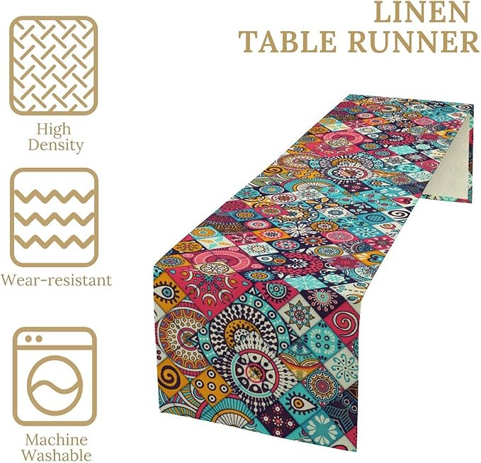 Boho Bohemian Table Runner Colorful Abstract Mid Century Geometric Table Ruuner Decoration for Kitchen Dining Room 13x70in