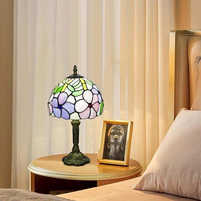 Crefotu Tiffany Style Table Lamp, 3 Color Temperatures Bedside Lamp, 8 Inch Stained Glass Desk Light for Home Office Bedroom Living Room (4 Flower Pattern)