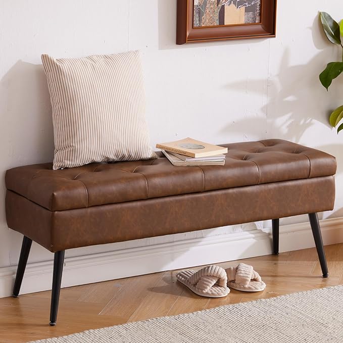 CUYOCA Storage Ottoman Bench Bed, 40" Faux Leather Tufted Entryway Bench, Long Ottoman with Storage for Living Room, Support 660lbs - Retro Brown