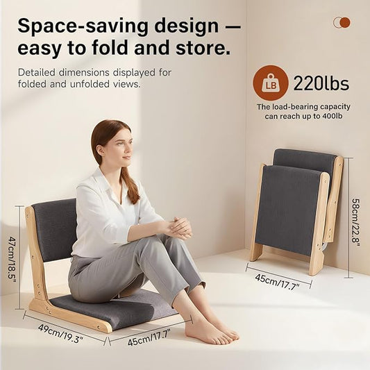 Tiita Floor Chair with Back Support, Foldable Meditation Tatami Chairs, Backrest Chair with Cushion, Living Room Chair Seat 4 Pack, Wood Dark Grey