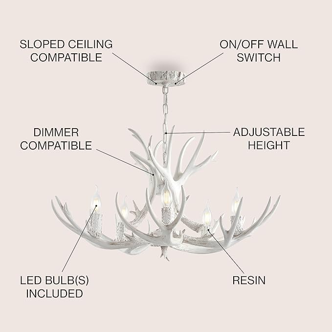 JONATHAN Y 26" White Rustic Resin Antler 4-Light LED Chandelier, Farmhouse Faux Deer Horn Hanging Ceiling Light for Dining Room, Kitchen Island, Adjustable Light Fixture (JYL6300B)