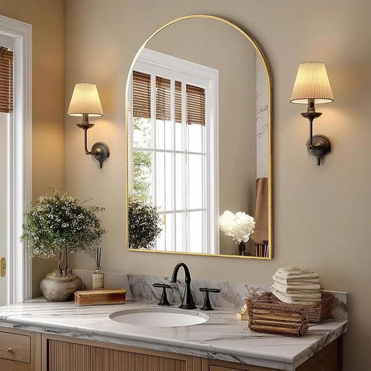 Arched Wall-Mounted Mirror, 26"x38" Arch Bathroom Mirror, Gold Vanity Mirror for Wall Décor, Wall Mirror with Metal Frame for Bedroom, Entryway, Living Room, Brushed Gold