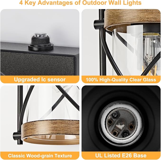 Dusk to Dawn Outdoor Wall Lights Fixtures, Waterproof Exterior Lighting Fixtures with Photocell Sensor,Vintage Faux Wood Grain Metal Cage Lantern Outside Lights for Porch Patio House Garage（2 Pack）