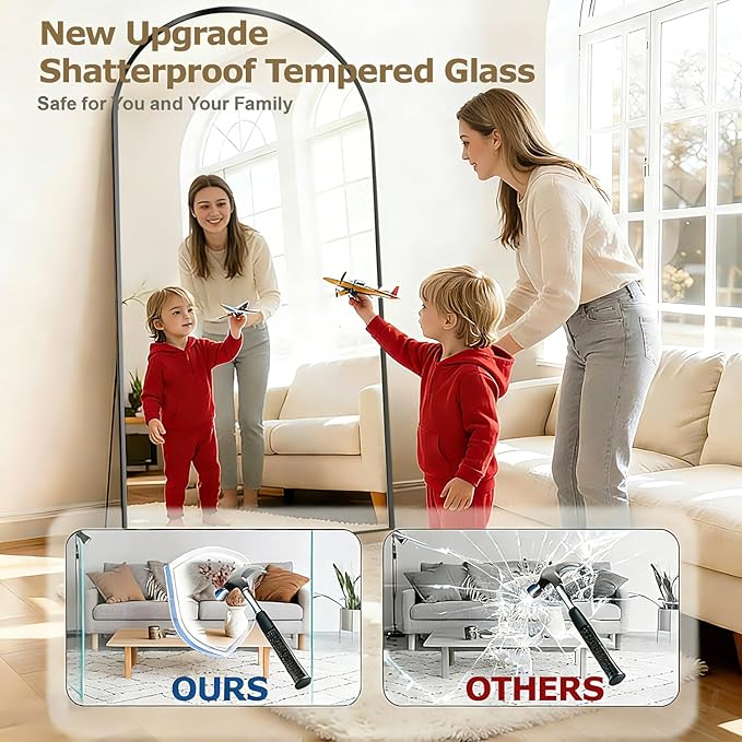 71"x26" Arched Full-Length Mirror with Explosion-Proof HD Glass - Oversized Floor or Wall-Mounted Full Body Mirror for Bedroom, Living Room, and Cloakroom (Black)