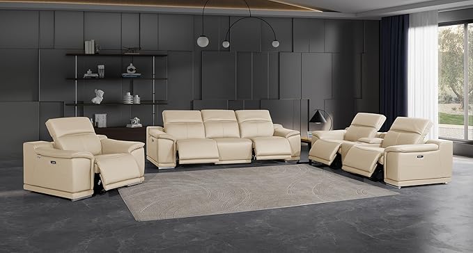 BlackJack Furniture Venice Top Grain Italian Leather Recliner 7 Seater 5 Power Reclining 3 Piece Sofa Set with Adjustable Headrests Modern Seating Sofa, Loveseat and Chair for Living Room , Beige