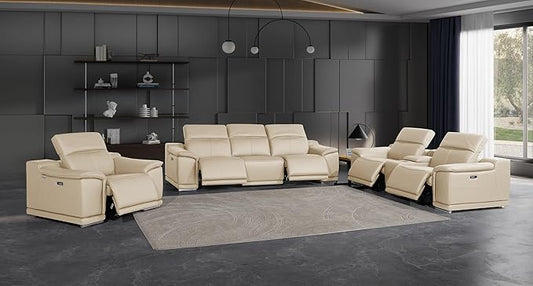 BlackJack Furniture Venice Top Grain Italian Leather Recliner 7 Seater 5 Power Reclining 3 Piece Sofa Set with Adjustable Headrests Modern Seating Sofa, Loveseat and Chair for Living Room , Beige