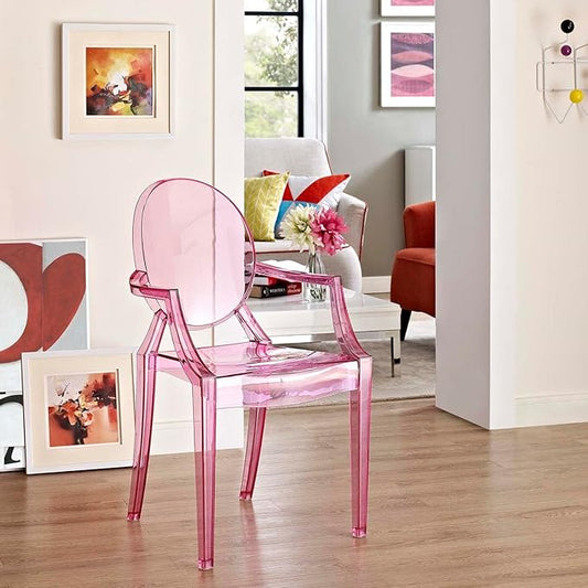 Modway Casper Modern Acrylic Stacking Kitchen and Dining Room Arm Chair in Pink - Fully Assembled