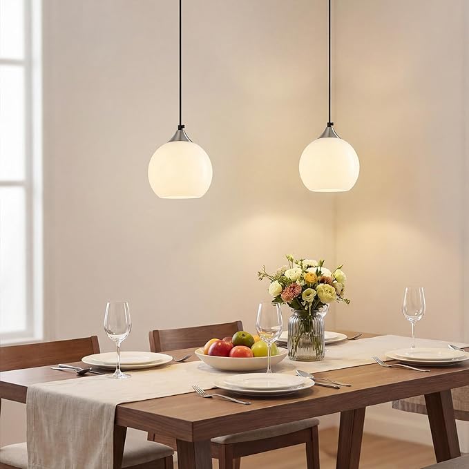 Milky Luster Glass Pendant Lights Kitchen Island Globe Pendant Light Fixtures Modern Pendant Lighting for Bedroom Living Dining Room Light Fixture (5.9 in, 1 Pack)