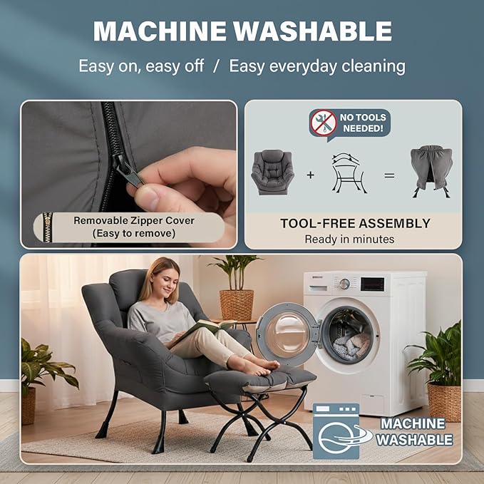 Lazy Chair with Ottoman, Large Dark Grey Accent Chair with a Side Pocket, Modern Leisure Upholstered Sofa Reading Armchair with Footrest for Office, Bedroom, Living Room, Dorm Rooms, Balcony