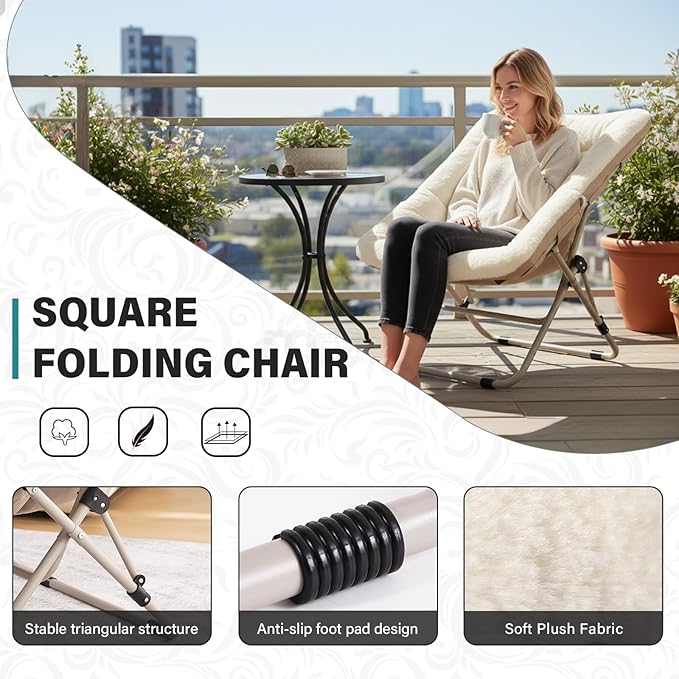 Tiita Comfy Folded Chair, Soft Faux Fur Oversized Folding Accent Chair, Lazy Chair for Teens Adults, Metal Frame Moon Chair for Bedroom, Living Room, Dorm Rooms