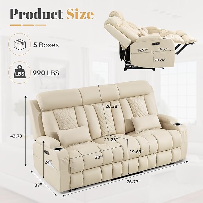 2-Piece Power Reclining Sofa Set, 3-Seater Sofa with Drop-Down Console & 2-Seater Loveseat, Zero Wall Hugger Electric Recliner Couch with Adjustable Headrest, AC Outlets (Beige, 2+3)