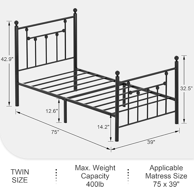 Twin Size Metal Platform Bed Frame with Headboard and Footboard, Heavy Duty Slat Support/No Box Spring Needed Mattress Foundation/Underbed Storage Space