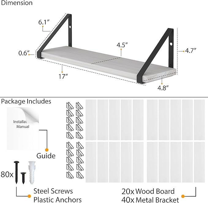 Wallniture Ponza 17'' x 4.5'' Floating Wall Shelf Bathroom, Small Wood Book Shelves for Wall Storage, Wall Mounted Shelf, Dining Room, Bedroom, Living Room, Office & Kitchen Organization, White, 20pcs