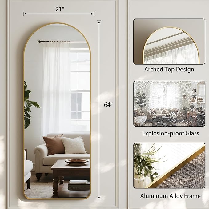 HARRITPURE Arched Full Length Mirror - 64"x21" Large Floor Standing Mirror, Aluminum Frame Full Body Mirrors with Stand for Bedroom/Living Room Wall Mounted, Gold