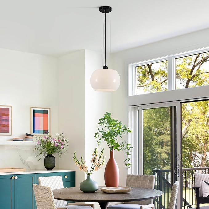 BOKT Modern Large Globe Pendant Light Black White Dome Glass Pendant Lighting Mid Century Farmhouse Kitchen Island Hanging Light Fixture Dining Room Ceiling Hanging Lamp