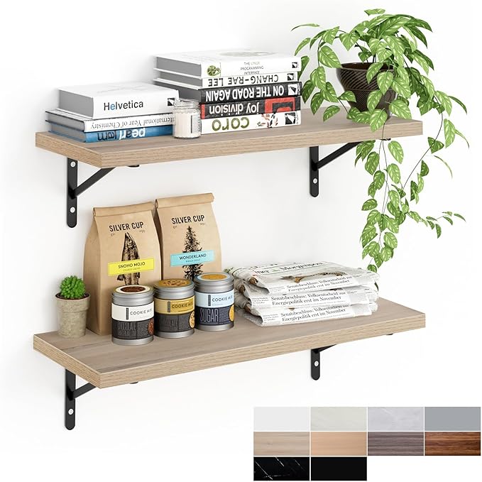 Kaboon 27 inch Long 10 inch Deep Floating Shelves for Wall Set of 2, Large Open Shelves Wall Mounted, Space Saving Home and Commercial Use, Oak/Grey Tone