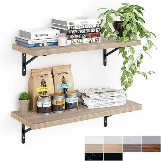 Kaboon 27 inch Long 10 inch Deep Floating Shelves for Wall Set of 2, Large Open Shelves Wall Mounted, Space Saving Home and Commercial Use, Oak/Grey Tone