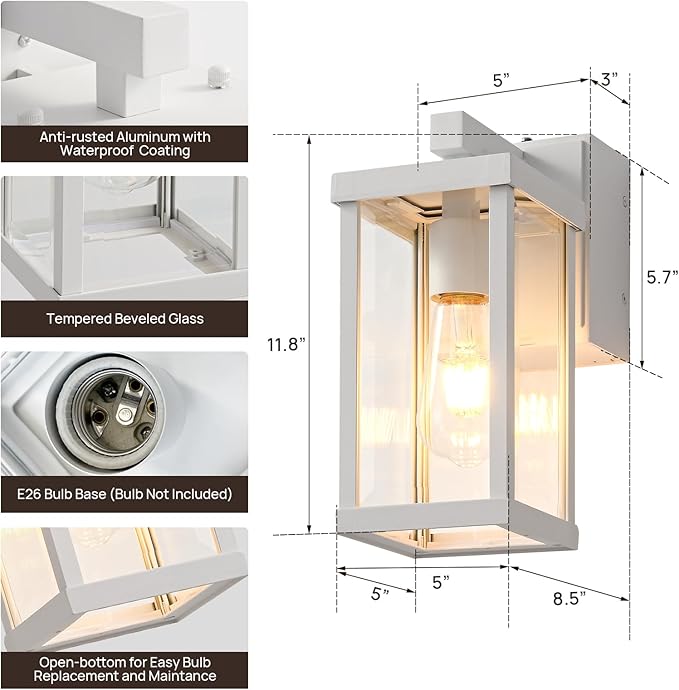 Dusk to Dawn Porch Lights with GFCI Outlets Waterproof Outdoor Wall Lights Exterior Lighting Fixtures Modern Outside Lights Wall Mount for House Patio Garage,White,11.8''H,1PC