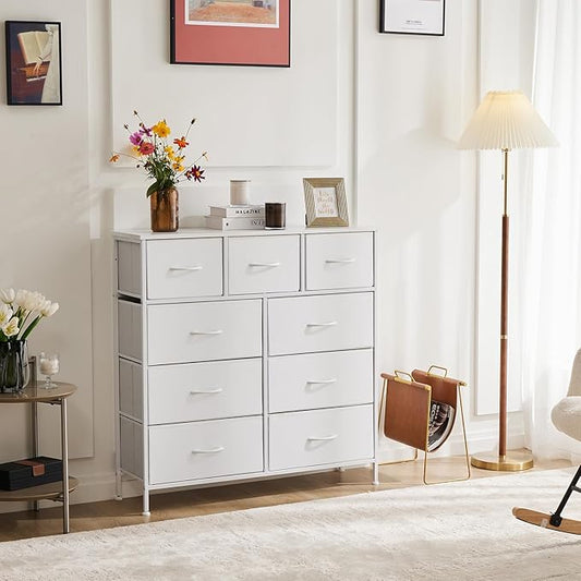 Sweetcrispy 9 Drawer Fabric Dresser Tall Chest Storage Organizer Tower with Cabinet Metal Frame and Wood Top Lightweight Closet Furniture for Bedroom,Cream White