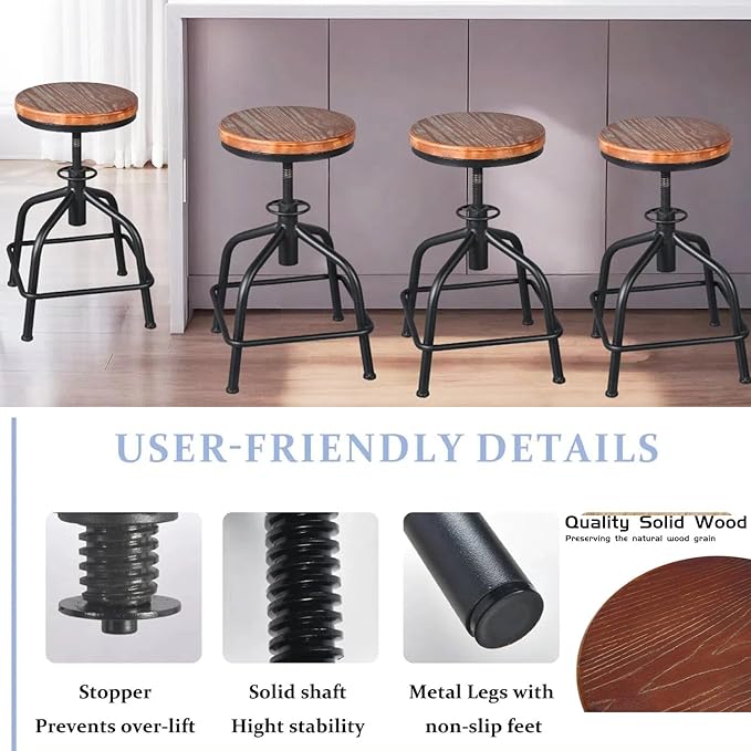 Topower Farmhouse Kitchen Stool, Industrial Counter Stool, Kitchen Deco Round Seat Standard Height Adjustable Swivel Bar Stools Indoor House Design Wood Seat Black Set of 2