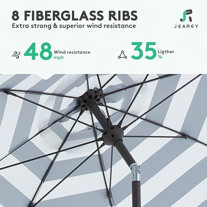 JEAREY 9FT Outdoor Patio Umbrella,Market Table Umbrella with 8 Fiberglass Ribs, Pool Umbrella with Tilt and Crank, UV Protection Lightweight & Wind-Resistant for Lawn, Garden, Deck and Backyard, Black-White Stripe