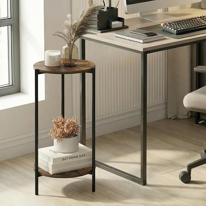 Furinno BESI Side Table, 2-Tier Tall Round Narrow End Table with Metal Legs, Metal Frame Night Stand, Bedside Table with Open Shelf, Easy Assembly, for Living Room, Bedroom, Amber Pine