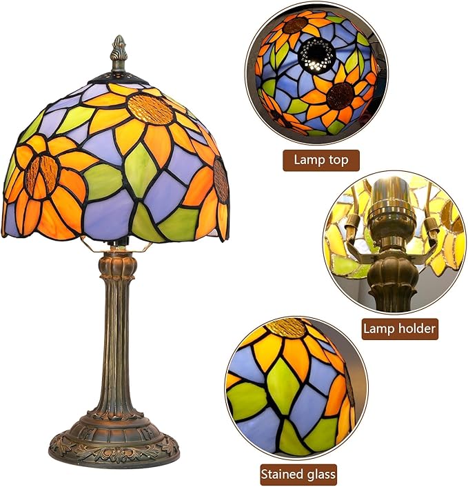 Tiffany Lamp Bedside Table Lamp-Nightstand,Stained Glass Lamp for Bedroom Dorm Living Kitchen, Aesthetic Cute Home Decor Gift (Blue Background Sunflower)